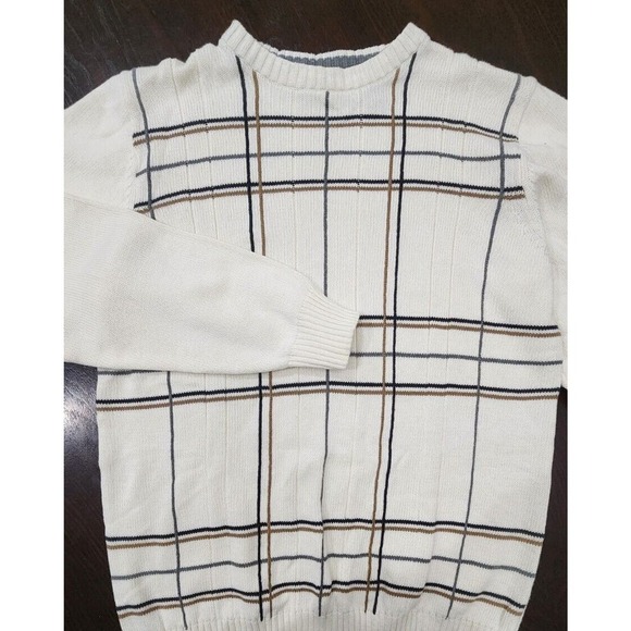 Oscar de la Renta Designer Men's Crew Neck Sweater Cotton Preppy‎ Cream Plaid M - Picture 1 of 9